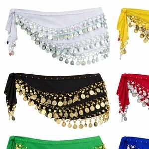 Coin Fringe Hip Scarf Belly Dance Hip Wrap - White & Silver
